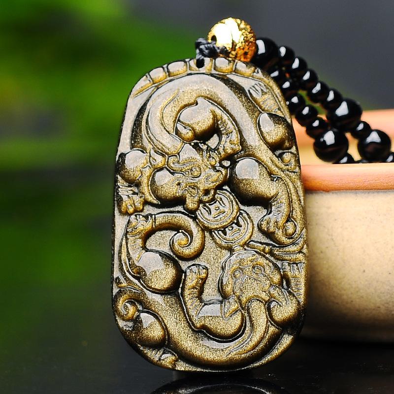 Gold Obsidian Pixiu Protection Pendant Necklace(Gold Sheen Obsidian)