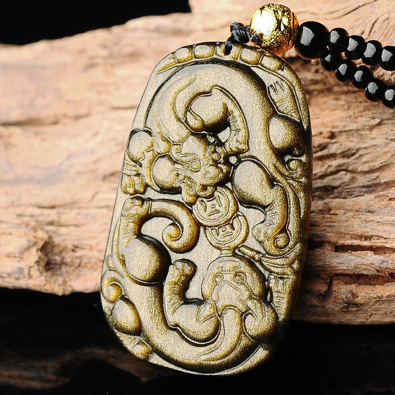 Gold Obsidian Pixiu Protection Pendant Necklace(Gold Sheen Obsidian)