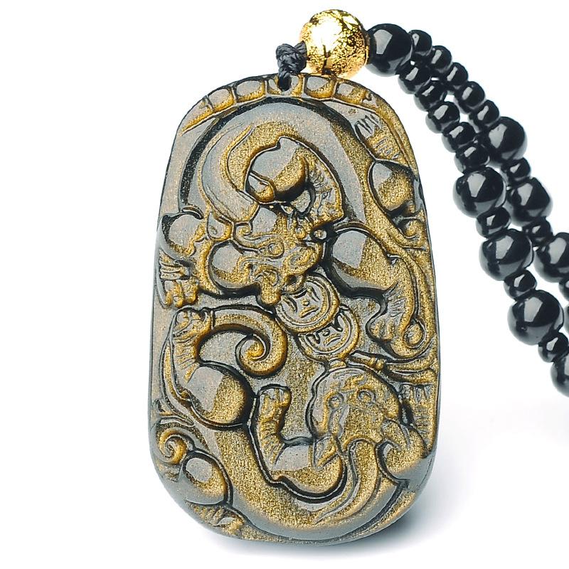 Gold Obsidian Pixiu Protection Pendant Necklace(Gold Sheen Obsidian)