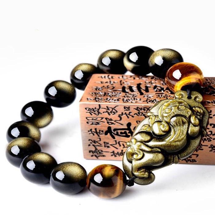 Golden Obsidian Pixiu Tiger Eye Beads Protection Bracelet