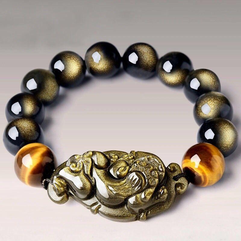 Golden Obsidian Pixiu Tiger Eye Beads Protection Bracelet