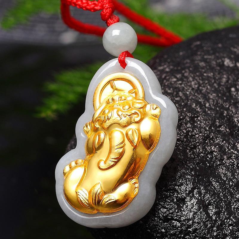 Gold Pixiu Natural White Jade Lucky Pendant