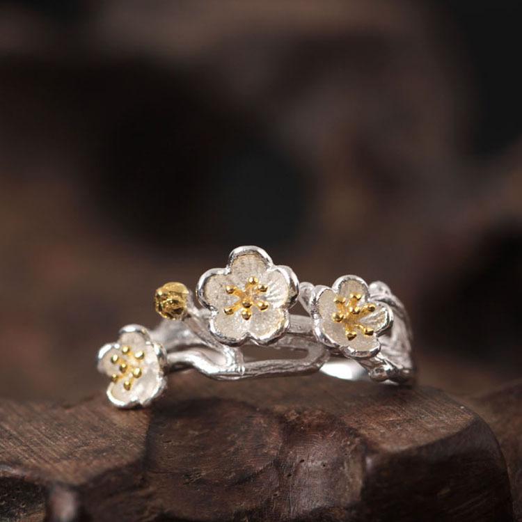 Gold Plum Flower 925 Silver Wealth Ring