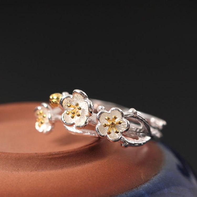Gold Plum Flower 925 Silver Wealth Ring