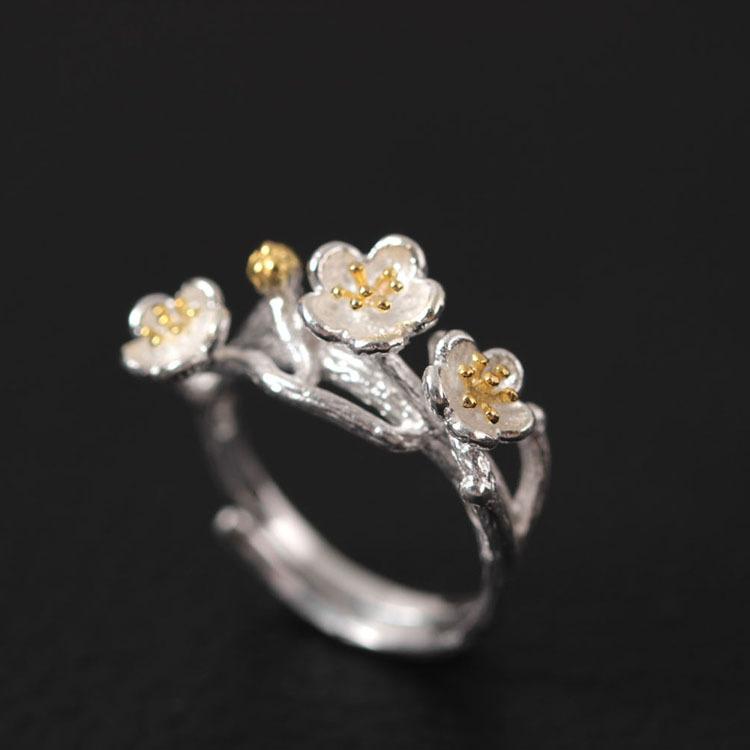 Gold Plum Flower 925 Silver Wealth Ring