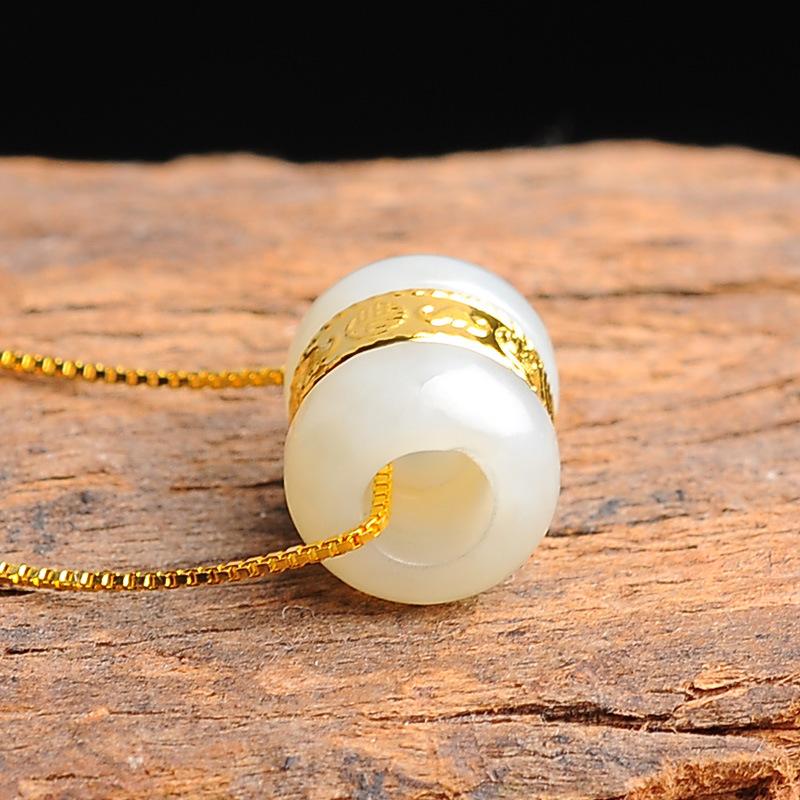 Gold Six True Words Mantra White Jade Lucky Pendant Necklace