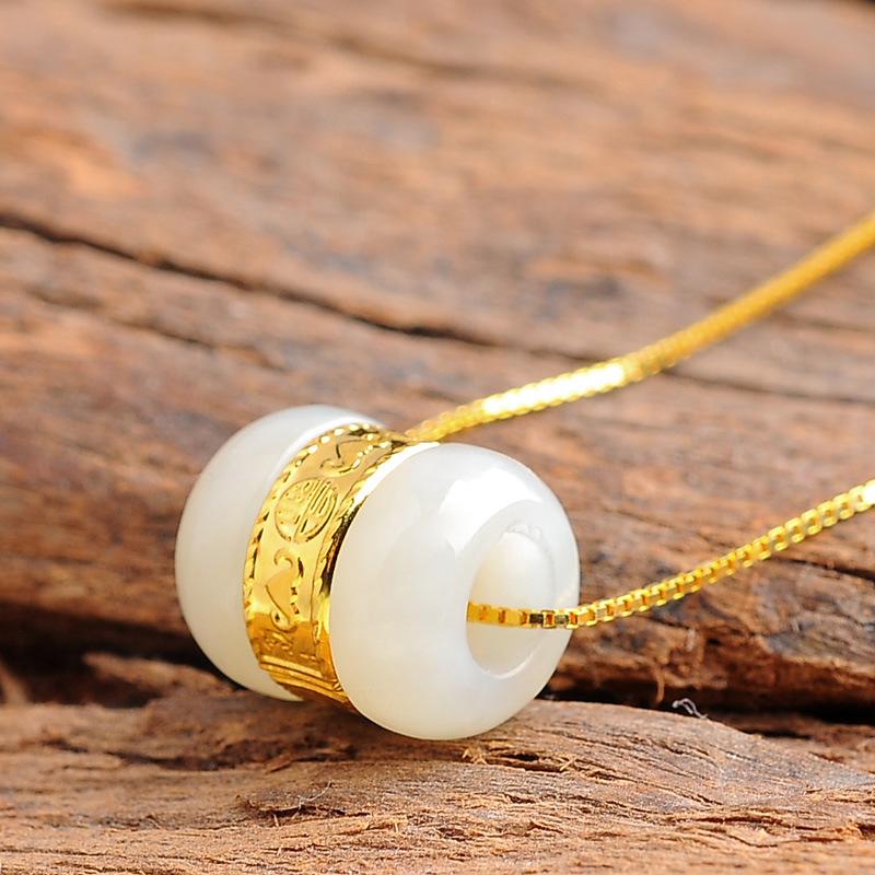 Gold Six True Words Mantra White Jade Lucky Pendant Necklace