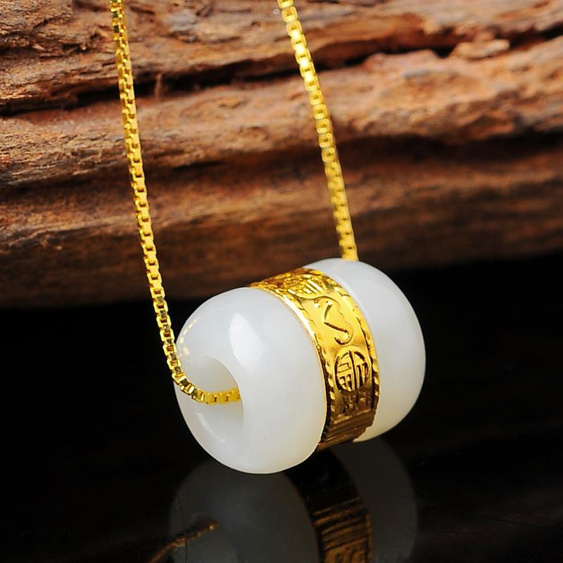 Gold Six True Words Mantra White Jade Lucky Pendant Necklace