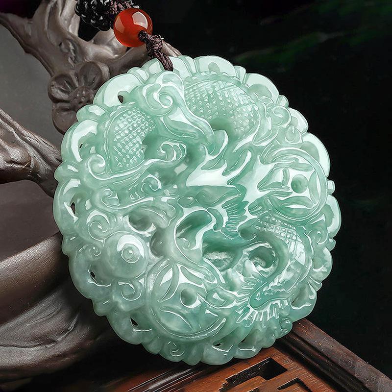 Grade A Natural Green Jade Auspicious Dragon Lucky Pendant Necklace