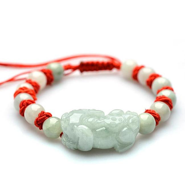 Grand A Natural White Jade Pixiu Red Rope Wealth Bracelet