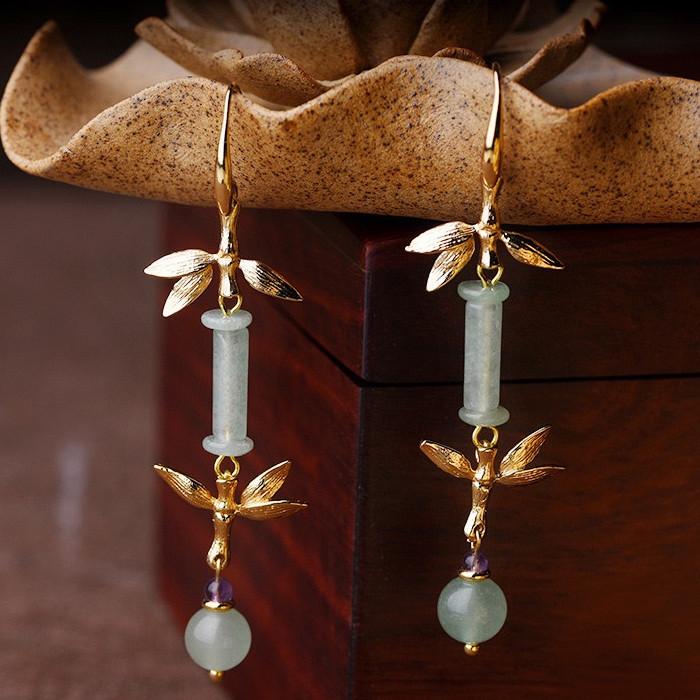 Green Jade Bamboo Flower Wealth Earring