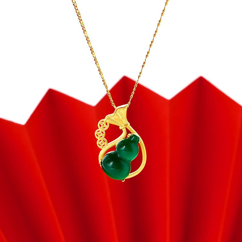 Green Jade Calabash Feng Shui Coin Lucky Gold Pendant