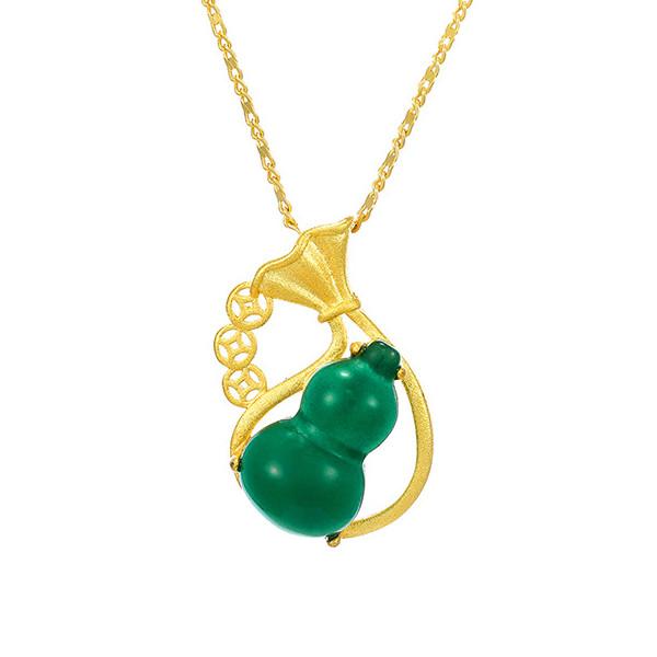 Green Jade Calabash Feng Shui Coin Lucky Gold Pendant