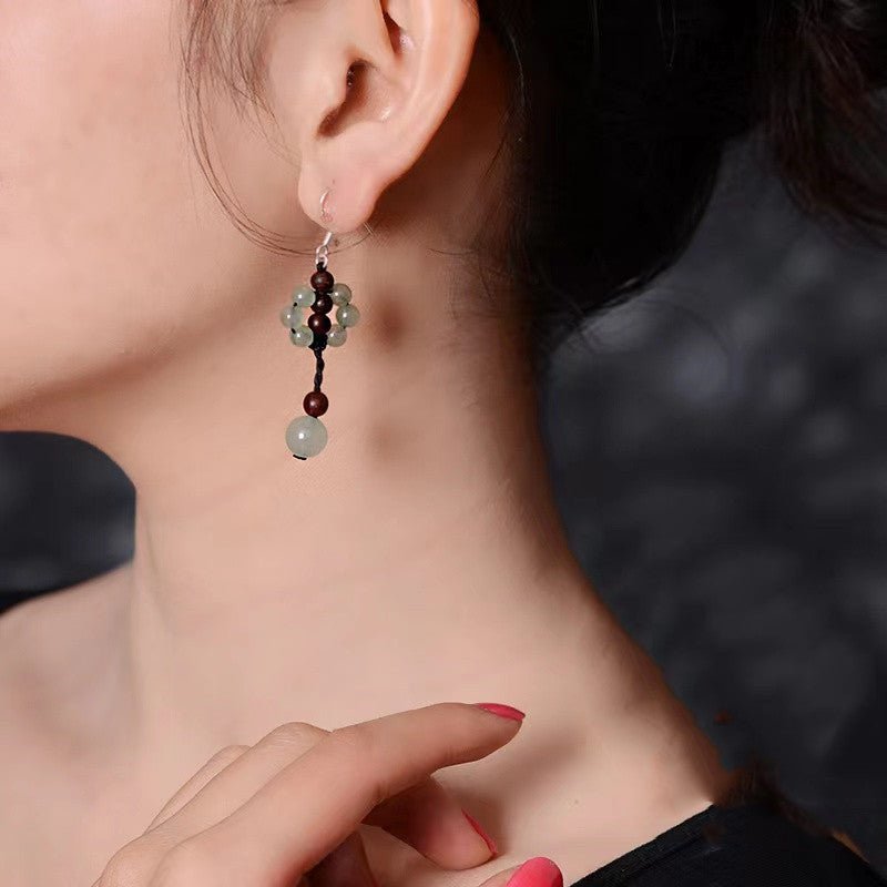 Green Jade Earrings-Auspicious Sandalwood Beads