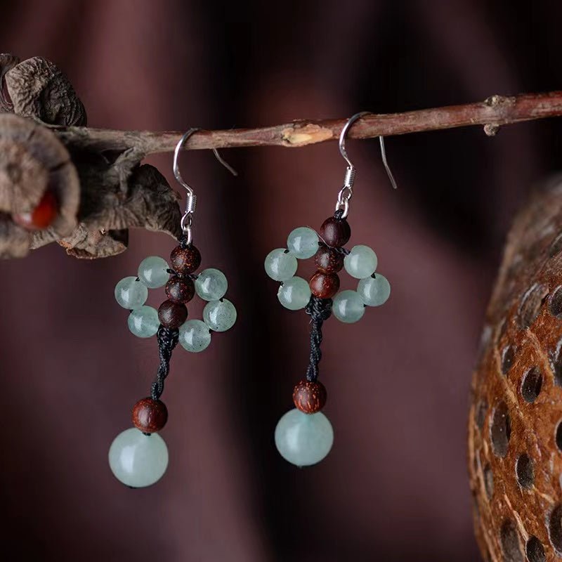 Green Jade Earrings-Auspicious Sandalwood Beads