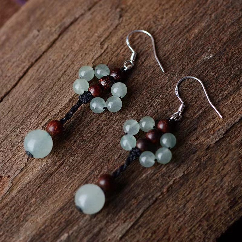 Green Jade Earrings-Auspicious Sandalwood Beads