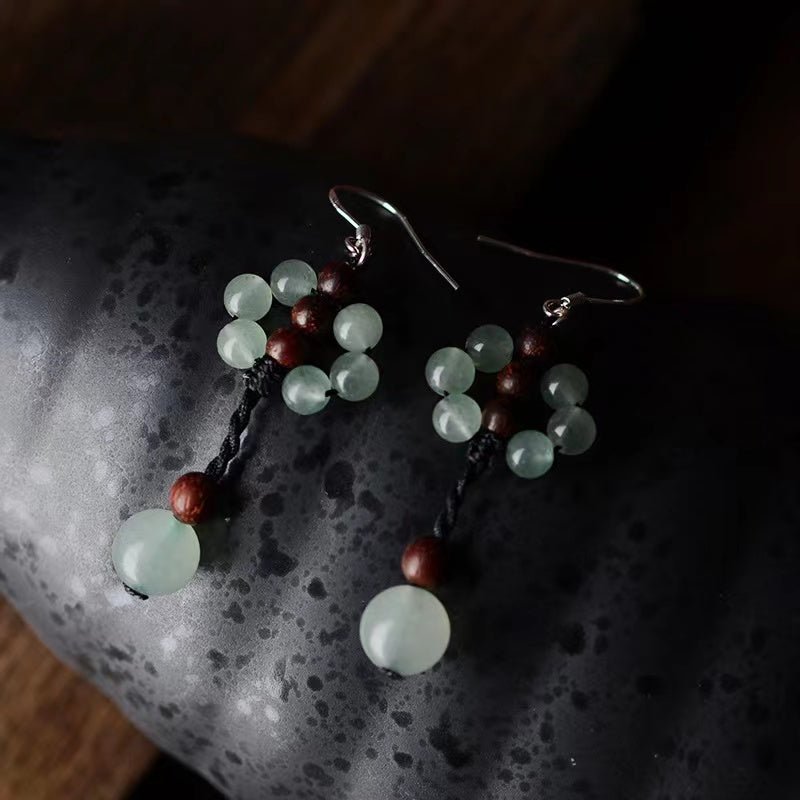 Green Jade Earrings-Auspicious Sandalwood Beads