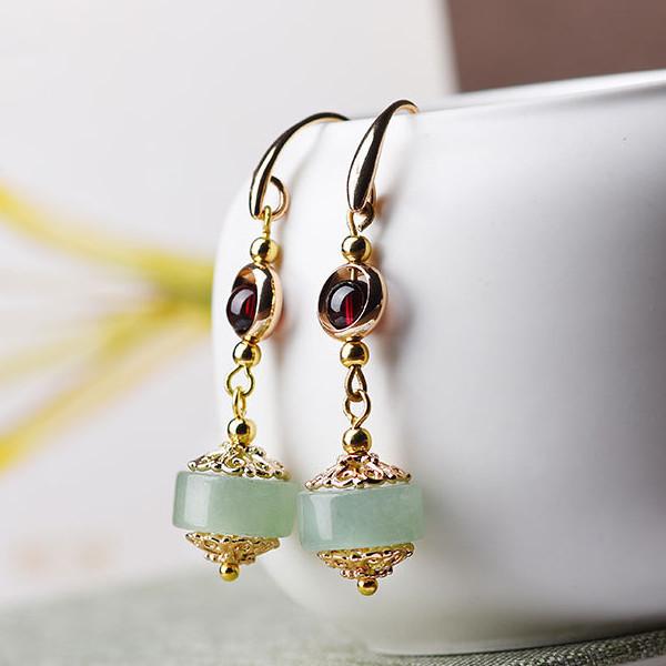 Green Jade Red Garnet Earring