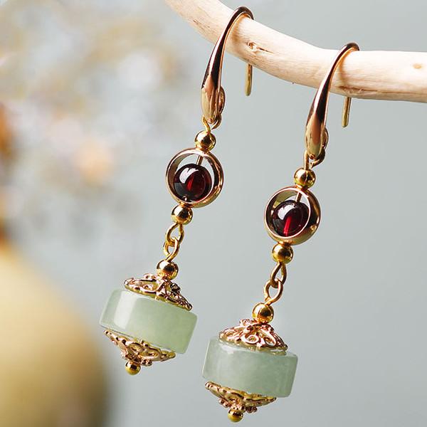 Green Jade Red Garnet Earring