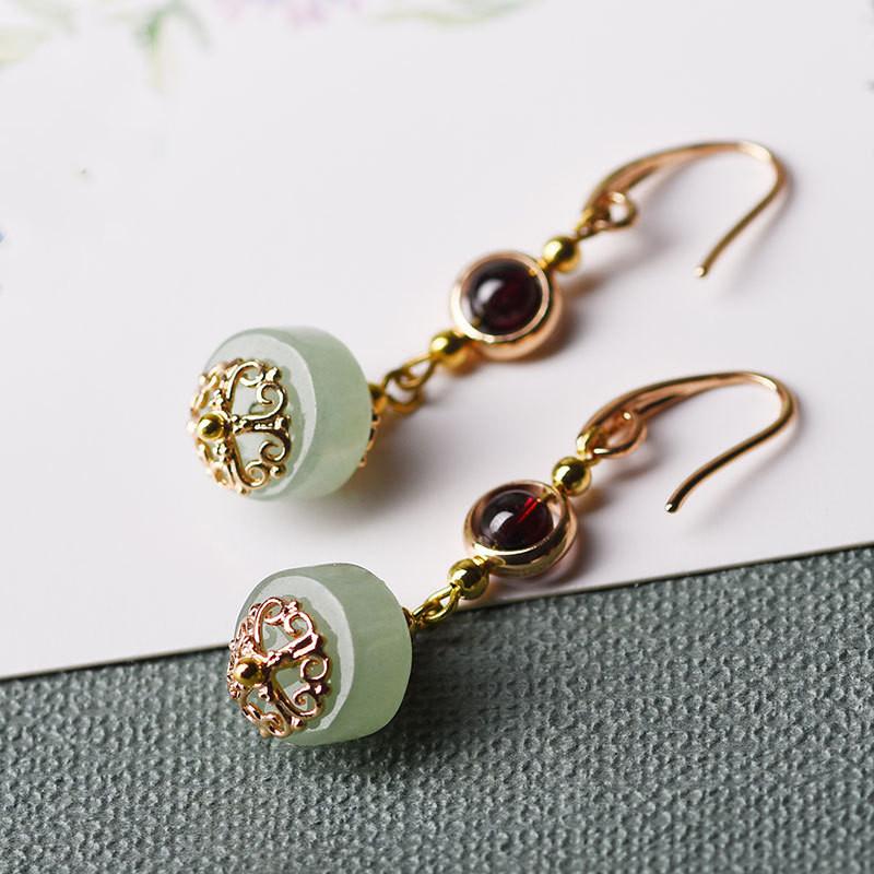 Green Jade Red Garnet Earring