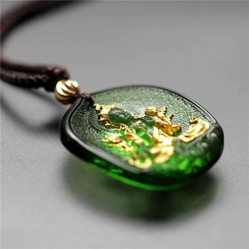 Green Tara Buddha 24K Gold Glaze Pendant Necklace