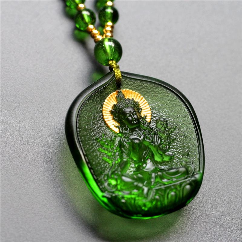 Green Tara Buddha 24K Gold Glaze Pendant Necklace