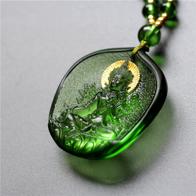 Green Tara Buddha 24K Gold Glaze Pendant Necklace