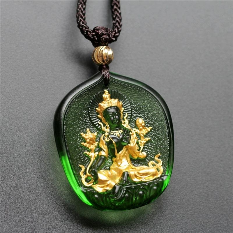 Green Tara Buddha 24K Gold Glaze Pendant Necklace