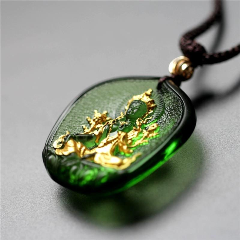 Green Tara Buddha 24K Gold Glaze Pendant Necklace