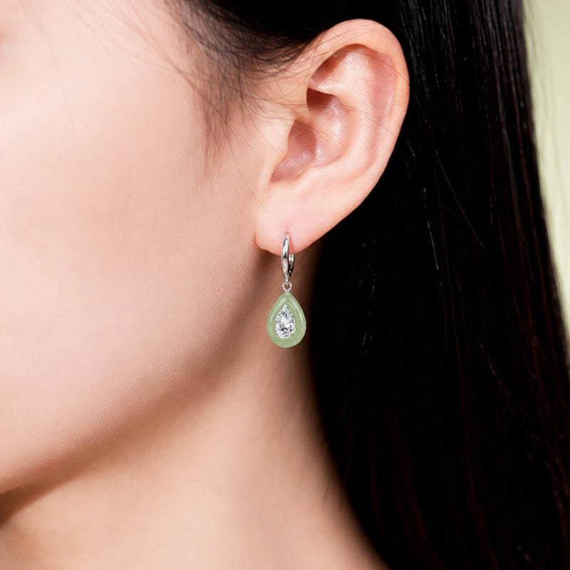 Greenish-White Nephrite Jade Teardrop Earrings-Gentle Renewal