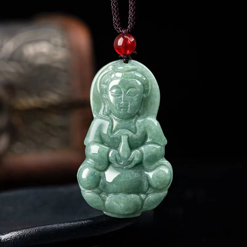 Guanyin Buddha Pendant-Natural Green Jade-Grade A Jade