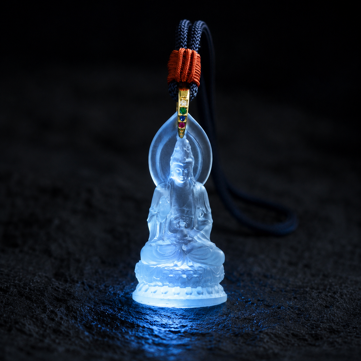 The Serene Listener: Handcrafted Translucent Liuli Seated Guanyin Amulet