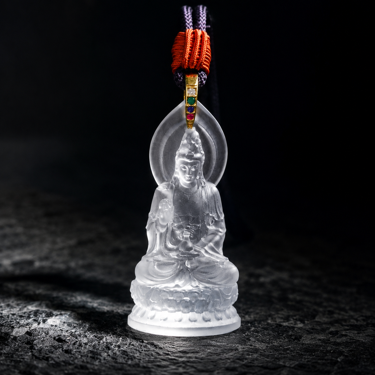 The Serene Listener: Handcrafted Translucent Liuli Seated Guanyin Amulet