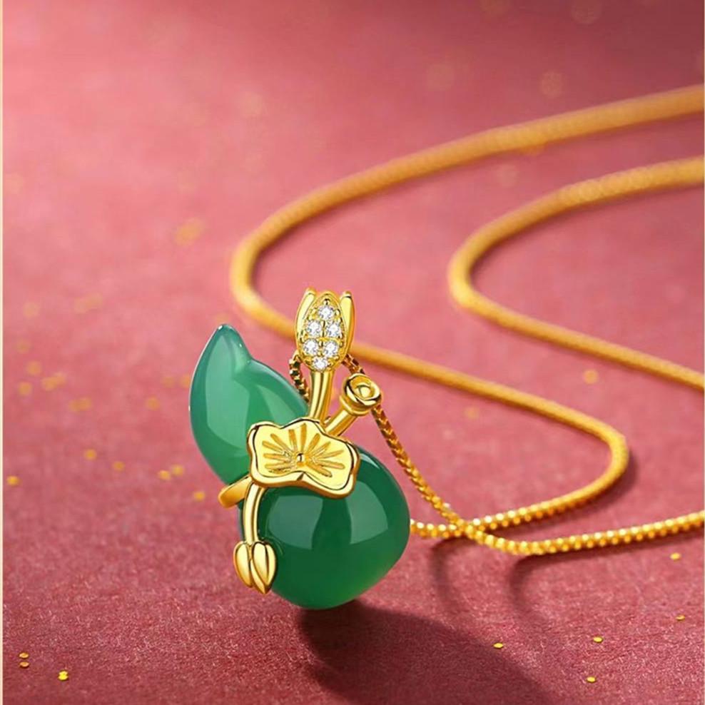 Hetian Green Jade Calabash Lotus Leaf Pendant Necklace