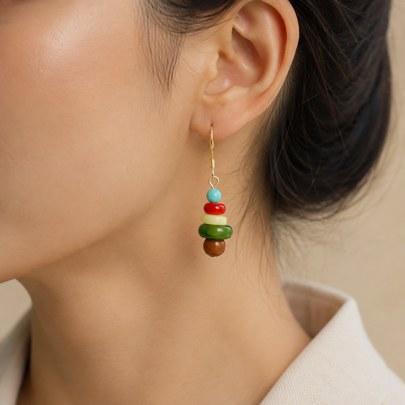 Hetian Jade Amber Five-Stone Earrings-Layered Harmony