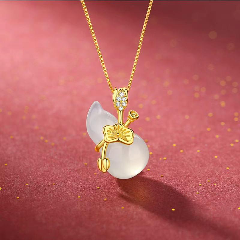 Hetian White Jade Calabash Lotus Leaf Pendant Necklace