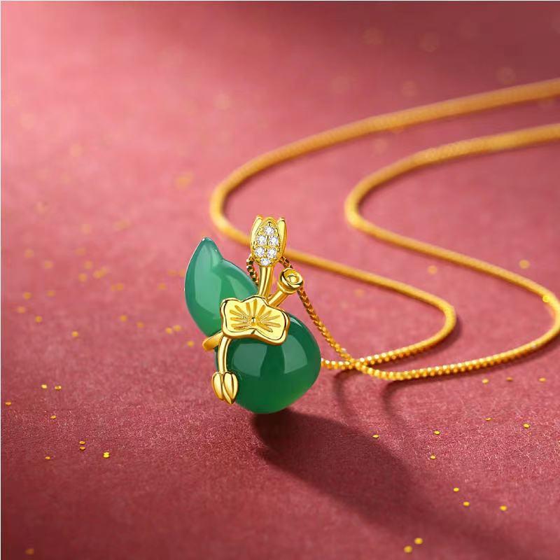 Hetian White Jade Calabash Lotus Leaf Pendant Necklace