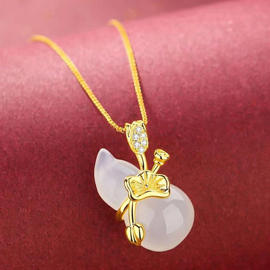 Hetian White Jade Hulou Lotus Leaf Pendant Necklace