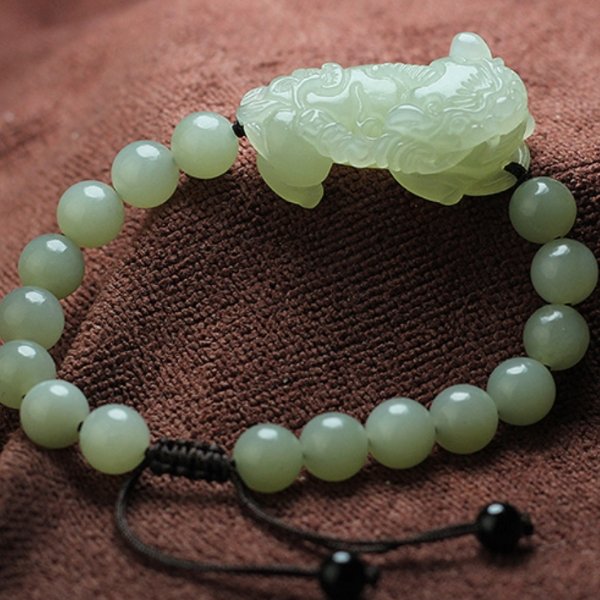 Hetian(Hotan) White Green Jade Pixiu Wealth Bracelet