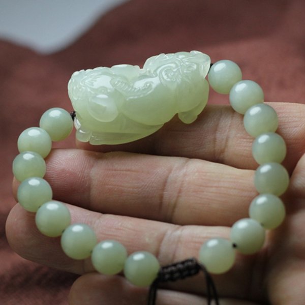 Hetian(Hotan) White Green Jade Pixiu Wealth Bracelet