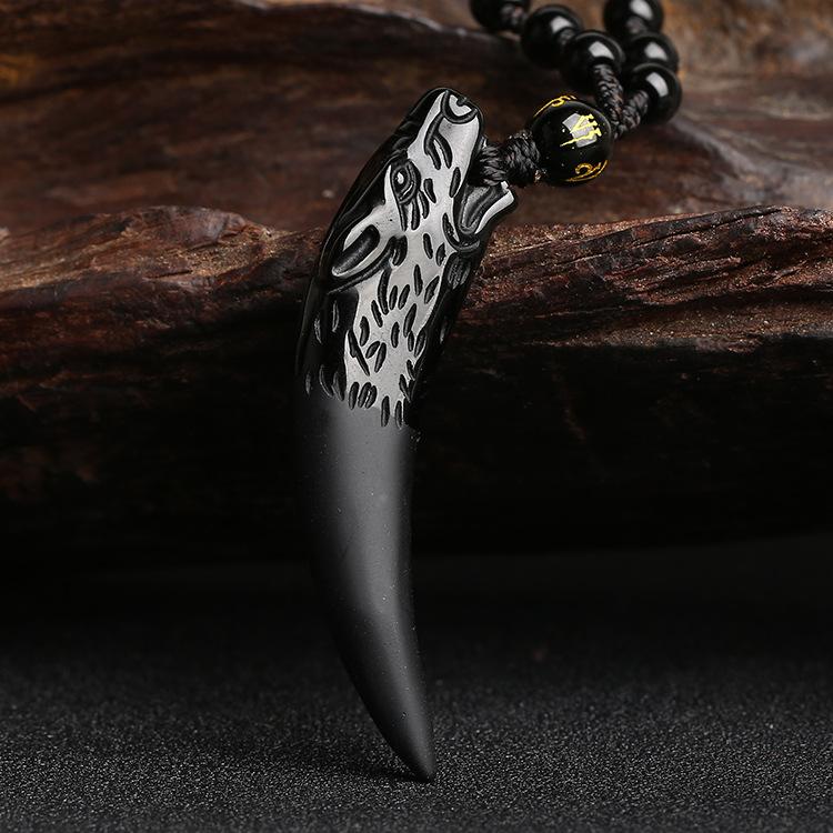 Ice Obsidian Wolf Fang Protection Pendant Necklace