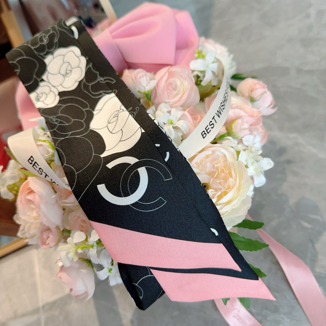 CC Twilly Mini Scarf 120cm Black Pink Mulberry Silk 953290
