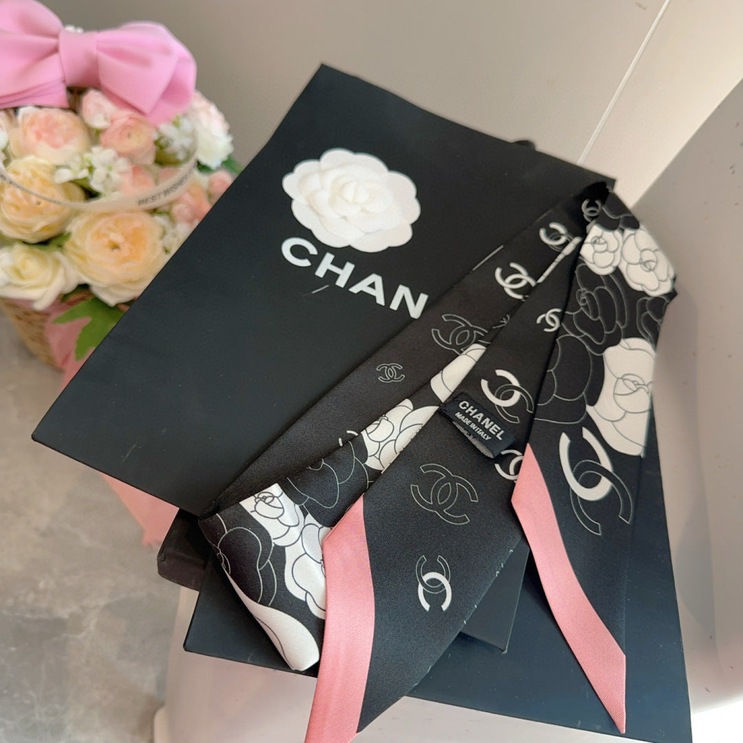 CC Twilly Mini Scarf 120cm Black Pink Mulberry Silk 953290