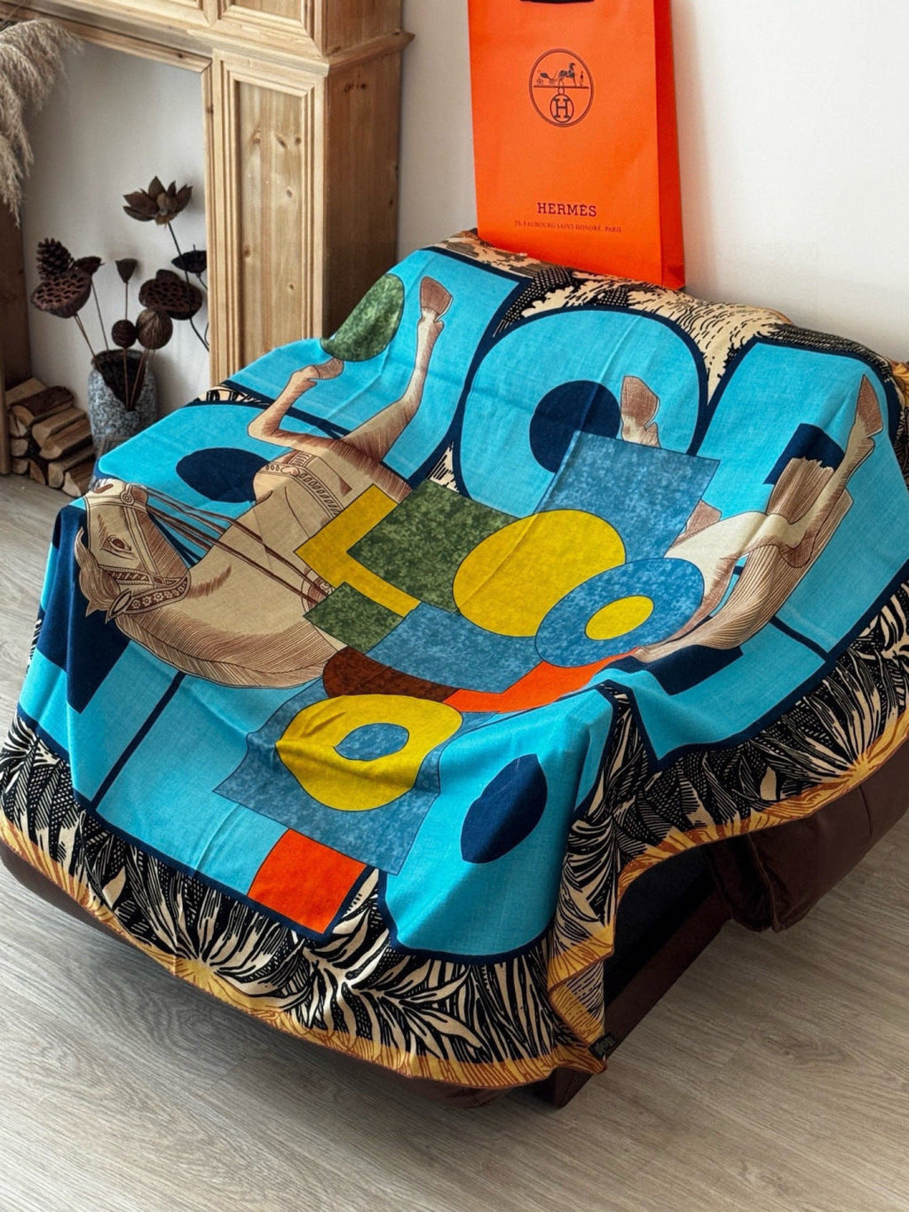HM 26s Double-sided Scarf 140cm Bleu Yellow Silk Cashmere 153140
