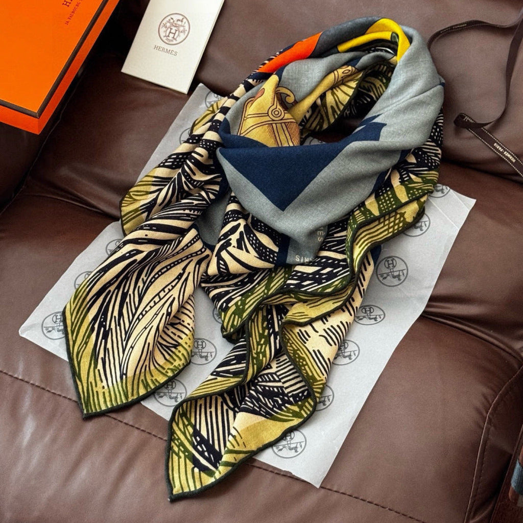 HM 26s Double-sided Scarf 140cm Bleu Jean Jaune Silk Cashmere 153141