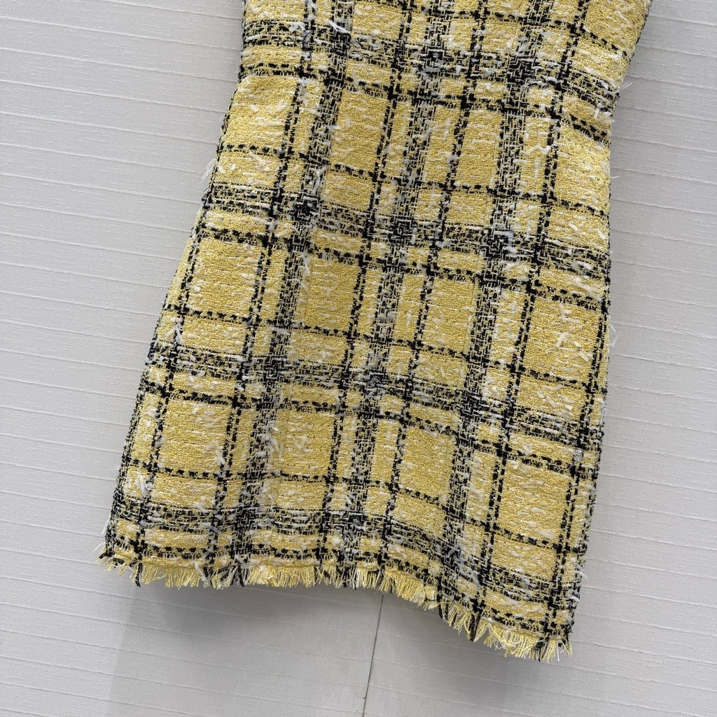 Balmain 26s Slip Dress Yellow Black Tweed 346071
