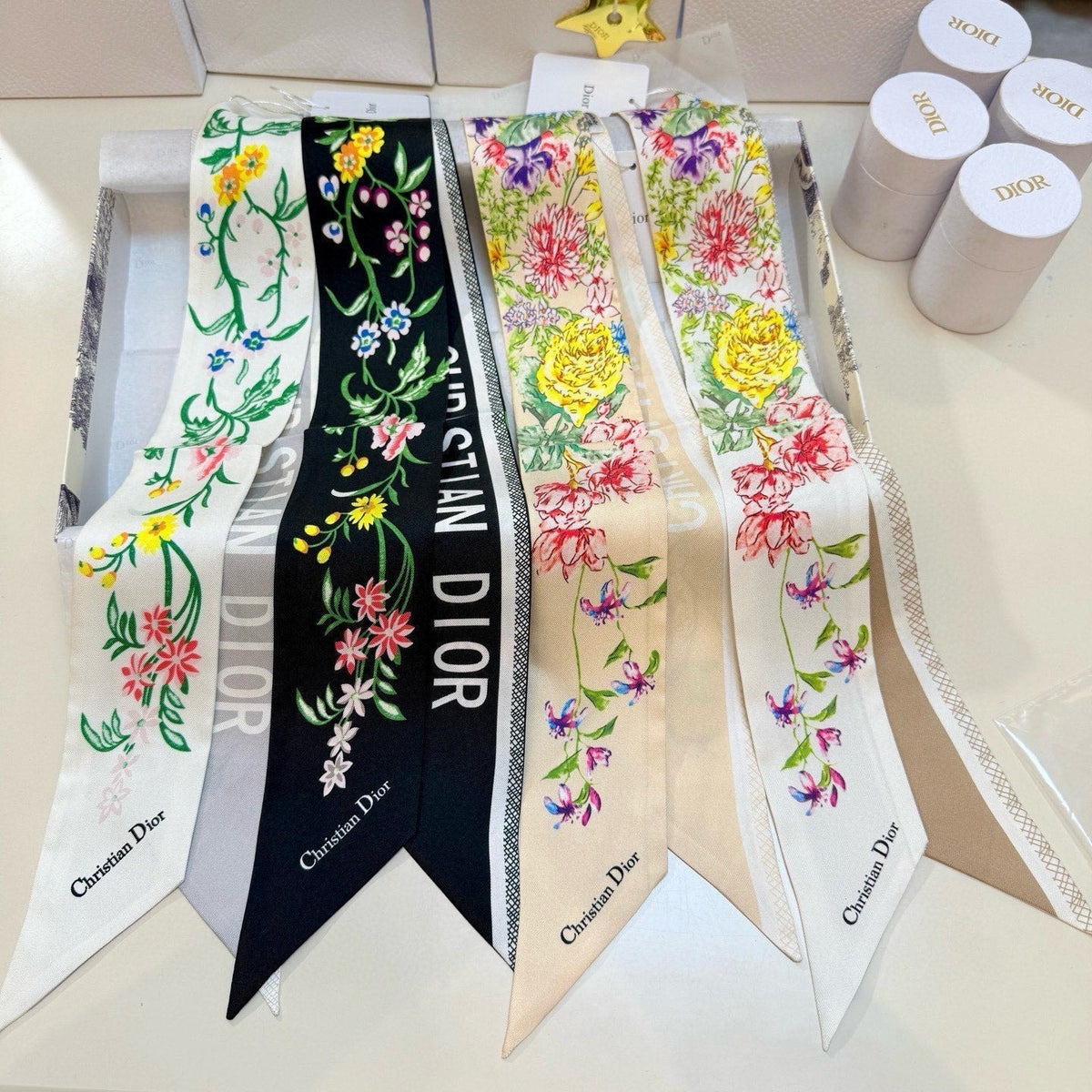CD Twilly Mini Scarf 100cm Black Colorful Mulberry Silk 958859
