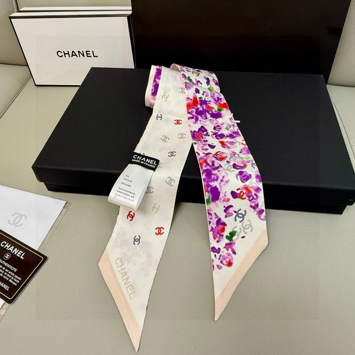 CC Twilly Mini Scarf 105 White Purple Floral Pattern Silk Twill 147666
