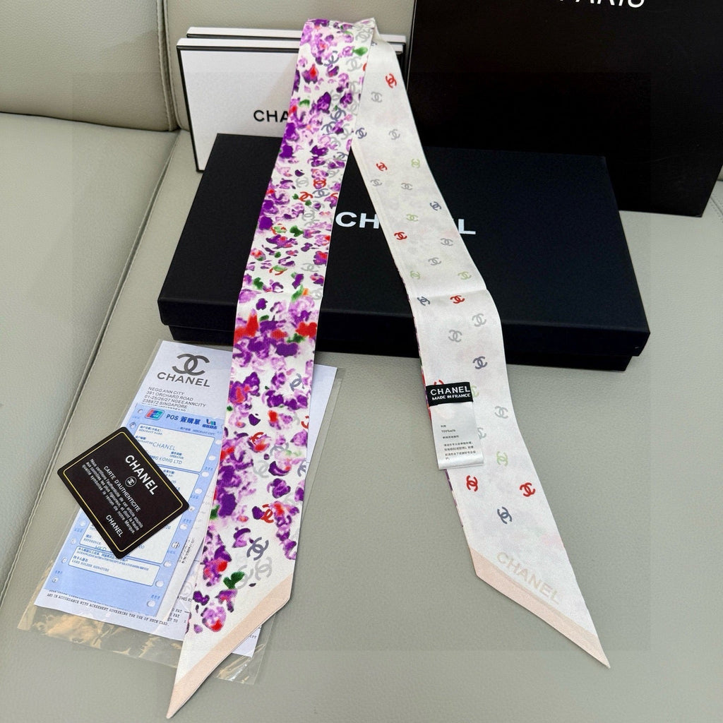 CC Twilly Mini Scarf 105 White Purple Floral Pattern Silk Twill 147666