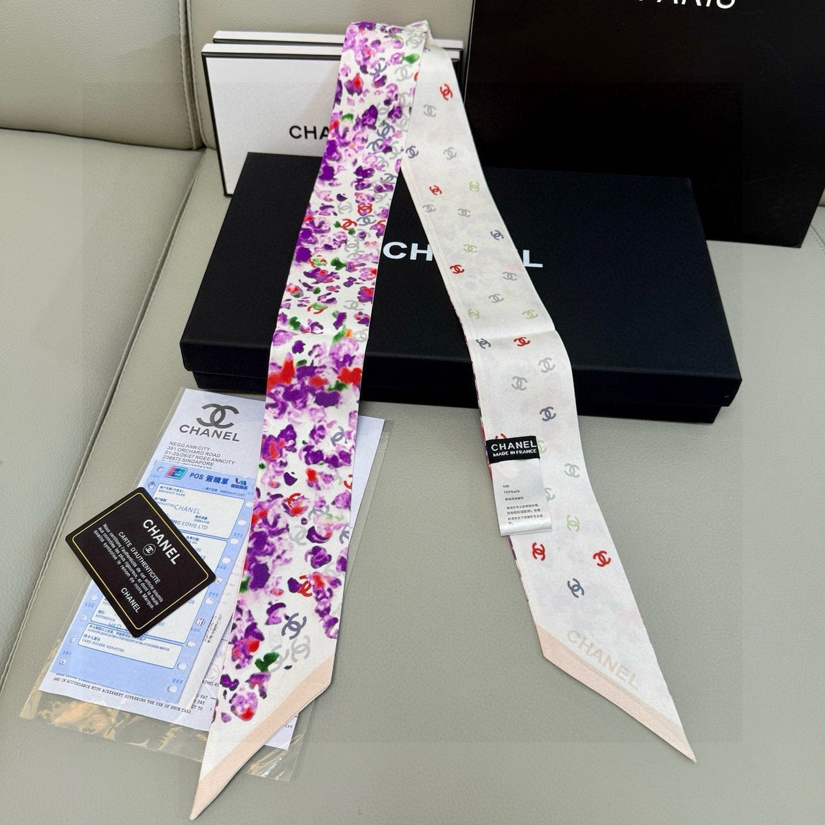 CC Twilly Mini Scarf 105 White Purple Floral Pattern Silk Twill 147666